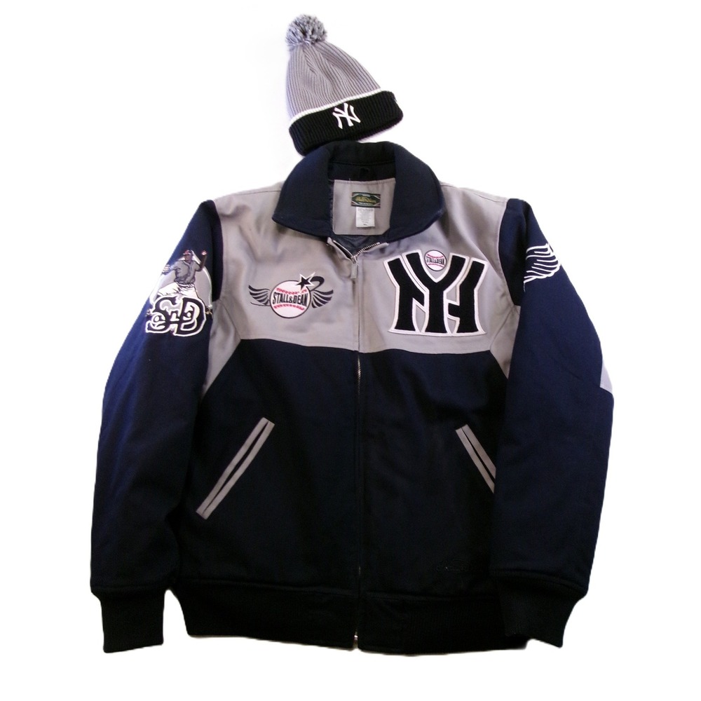 Stall & Dean Mens XL Varsity Jacket Black Yankees‎ Navy Grey New Era Beanie Set